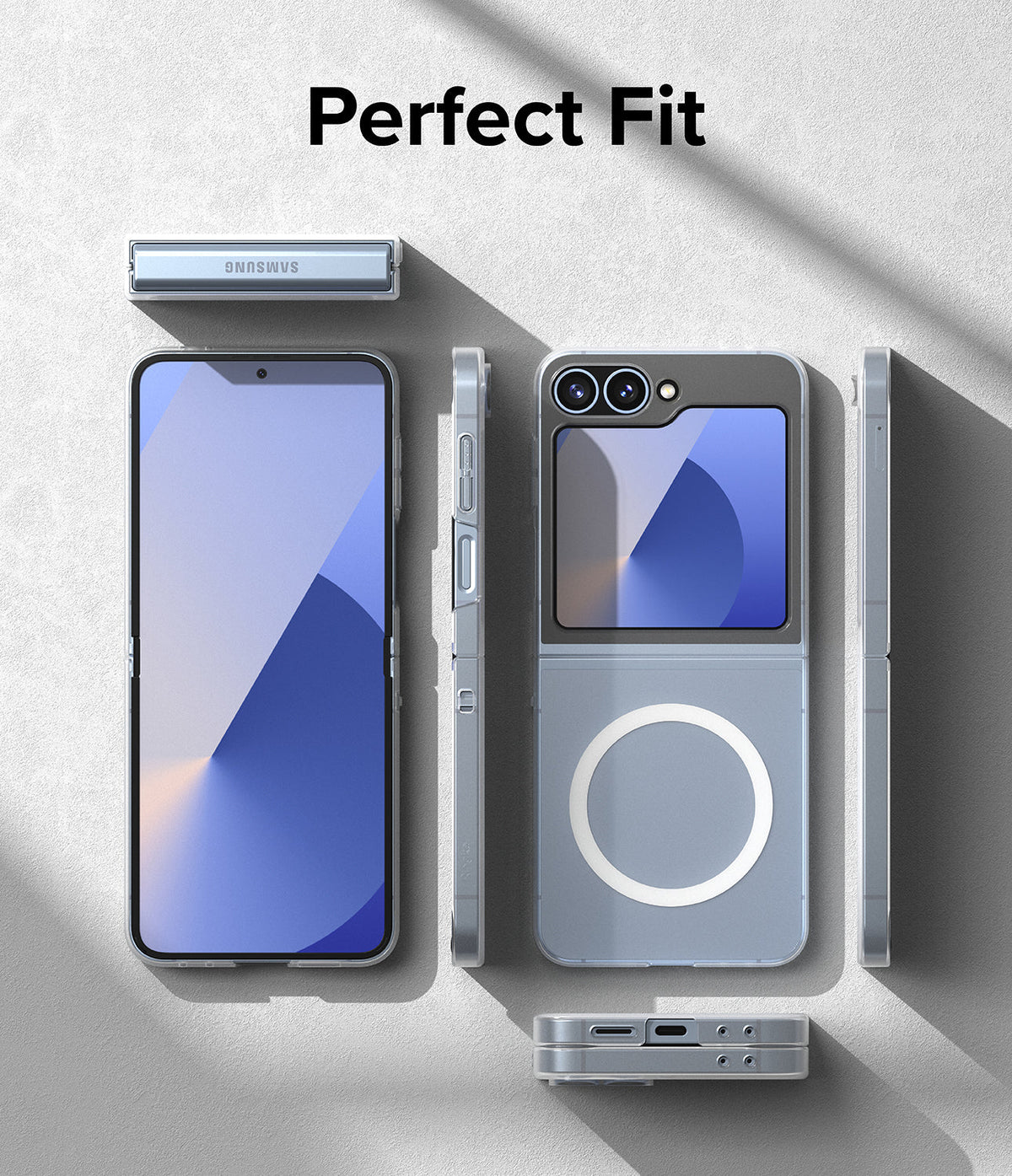 Galaxy Z Flip 7 FE Case | Slim Magnetic - Exploded view of a blue foldable phone with a magnetic clear case.