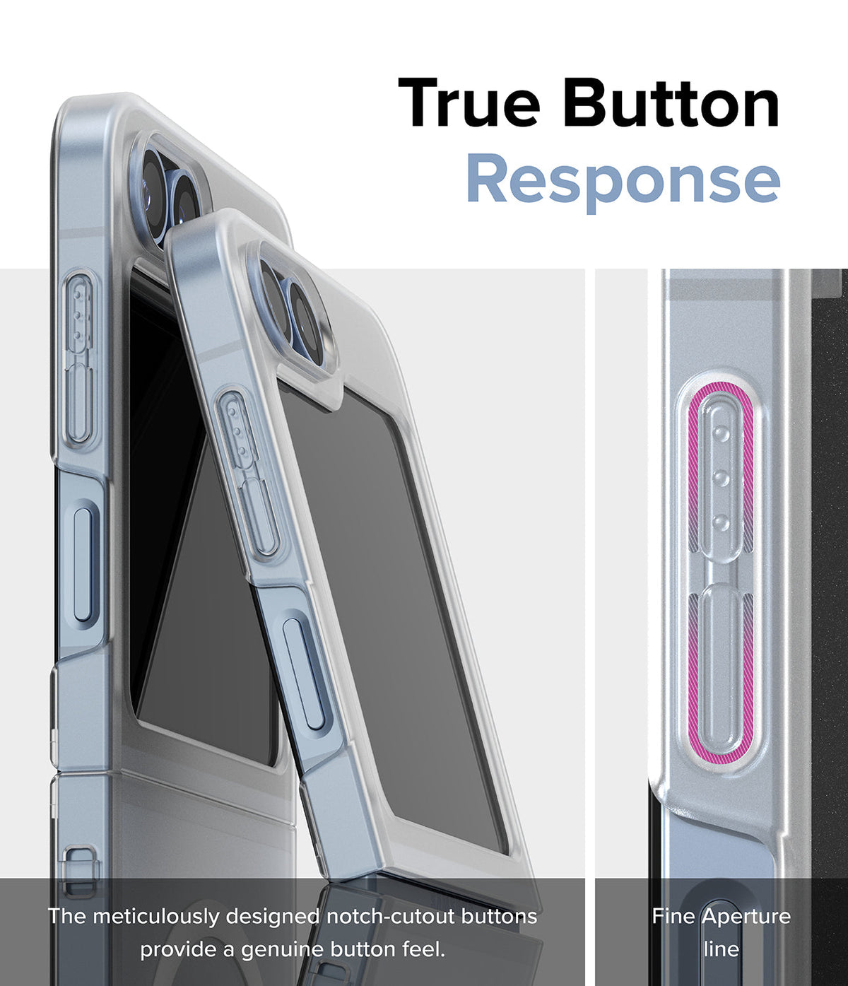 Galaxy Z Flip 7 FE Case | Slim Magnetic - Close-up of phone case buttons with notch cutouts for tactile response.