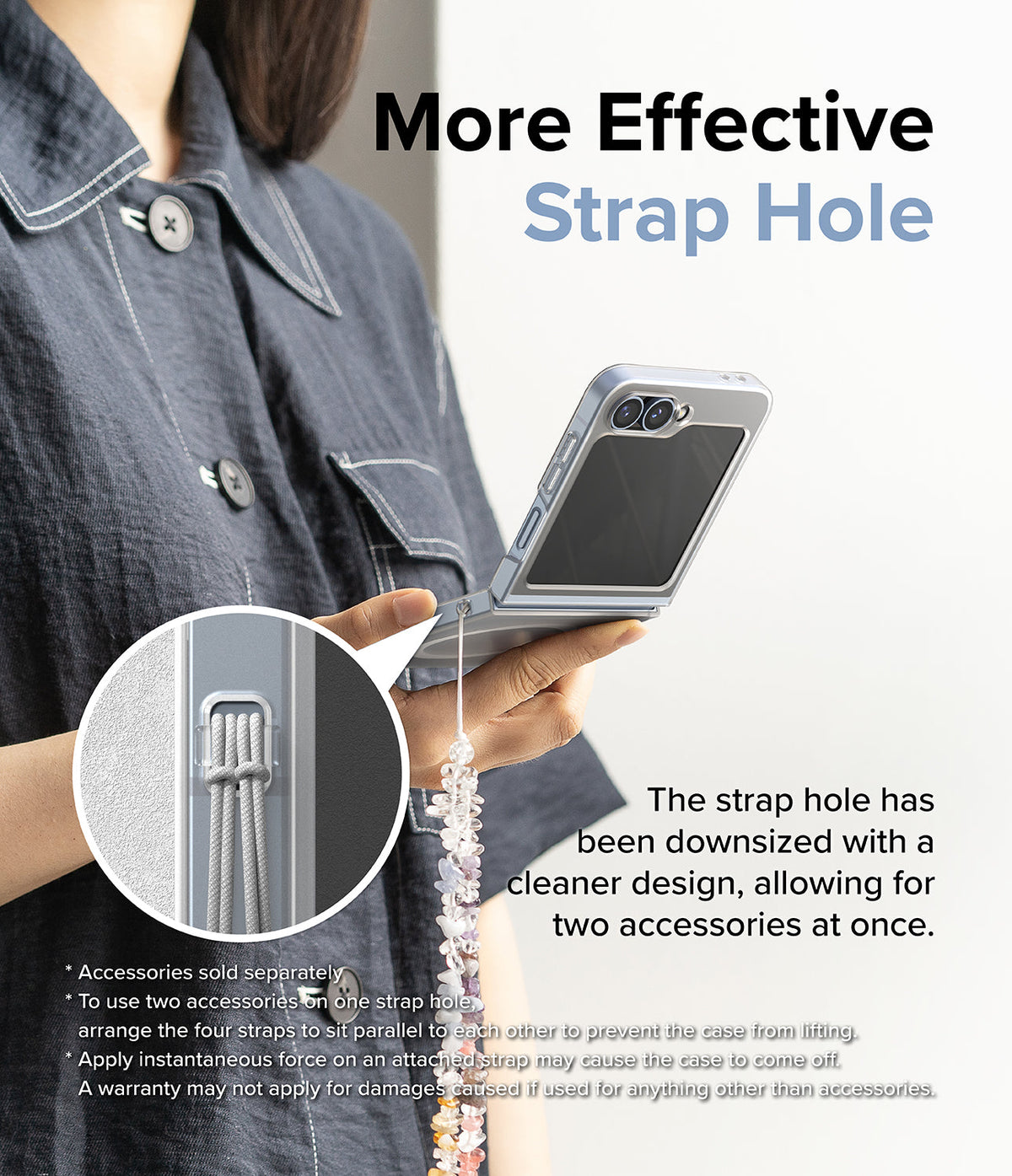 Galaxy Z Flip 7 FE Case | Slim Magnetic - Person holding a phone with a close-up inset showing a dual-strap attachment hole.