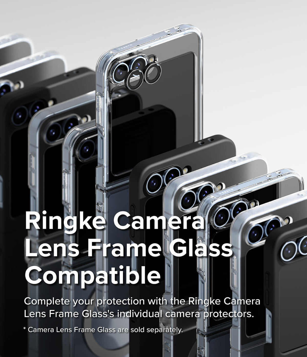 Galaxy Z Flip 7 FE Case | Slim Magnetic - Multiple Galaxy Z Flip phones in clear and black cases with camera lens protectors.