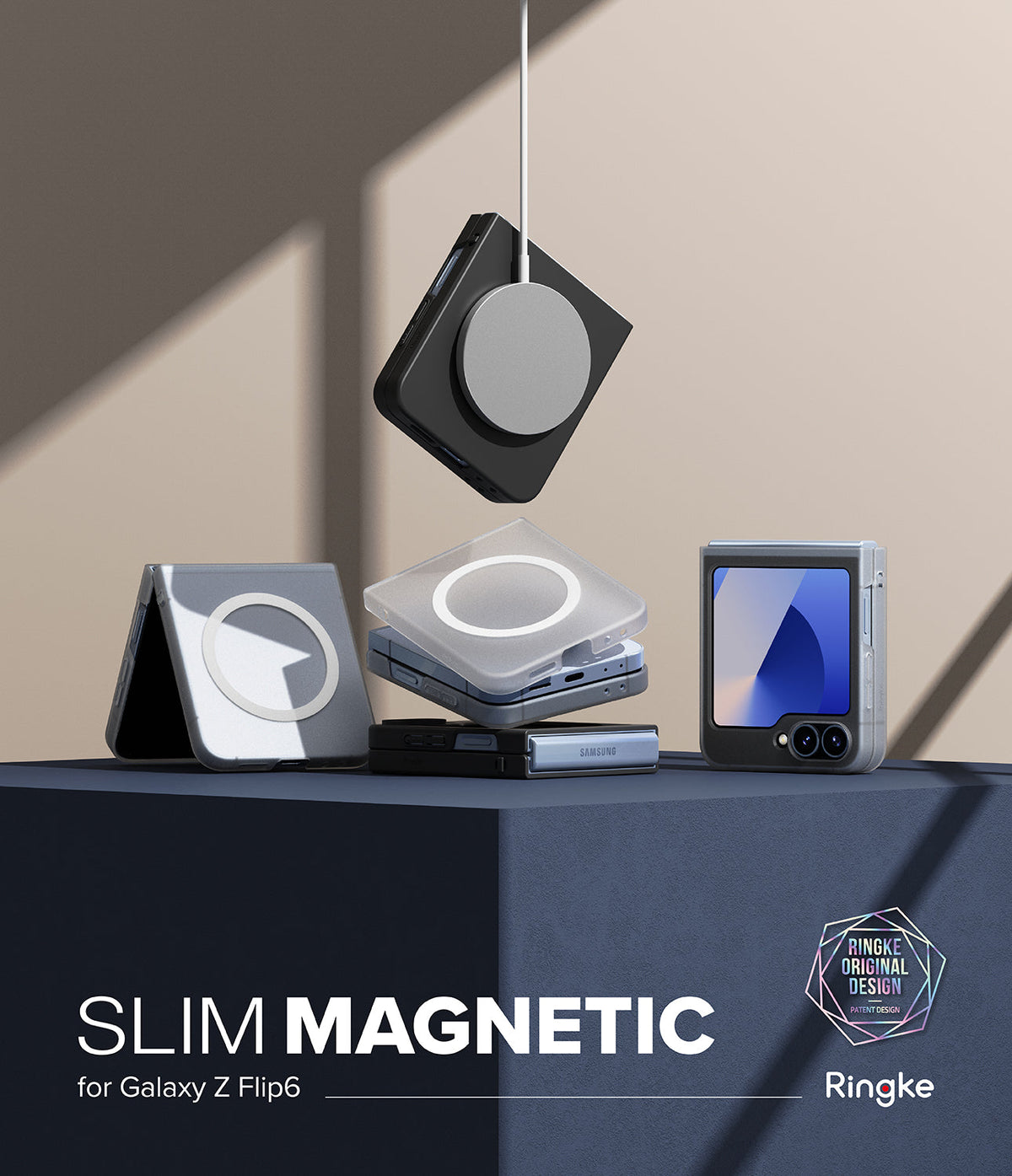 Galaxy Z Flip 6 Case | Slim Magnetic - Magnetic phone cases for Galaxy Z Flip 6 stacked and suspended with a charger.