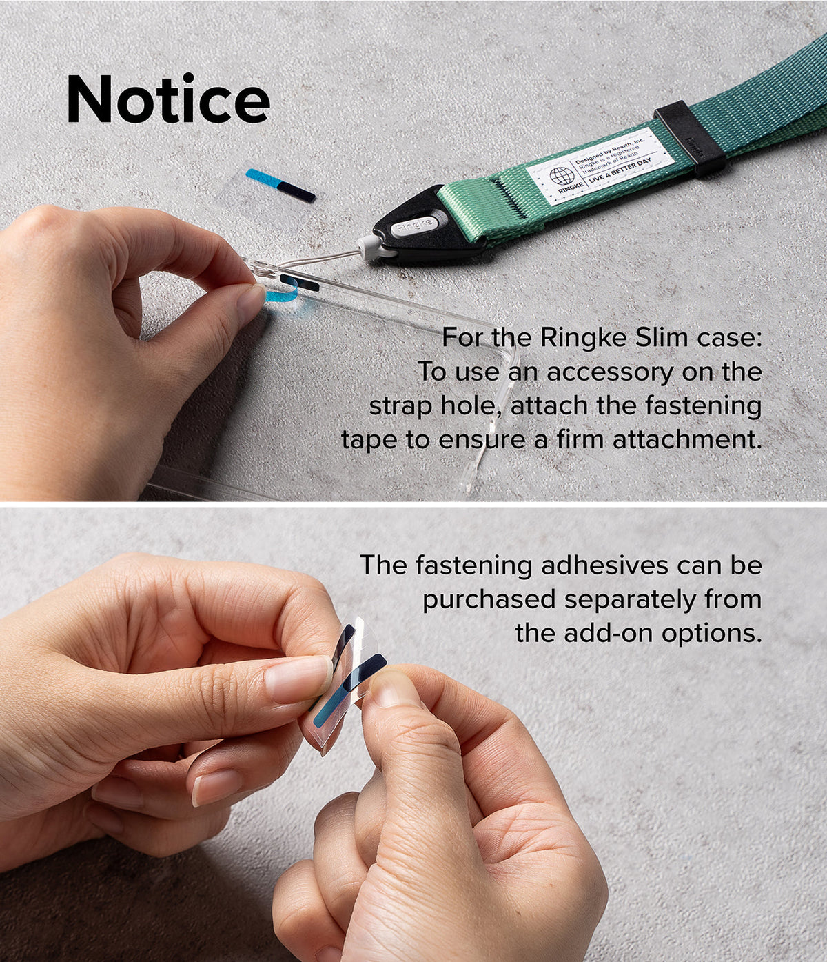 Galaxy Z Flip 7 FE Case | Slim Magnetic - Hands applying adhesive tape to a phone case strap hole for secure attachment.