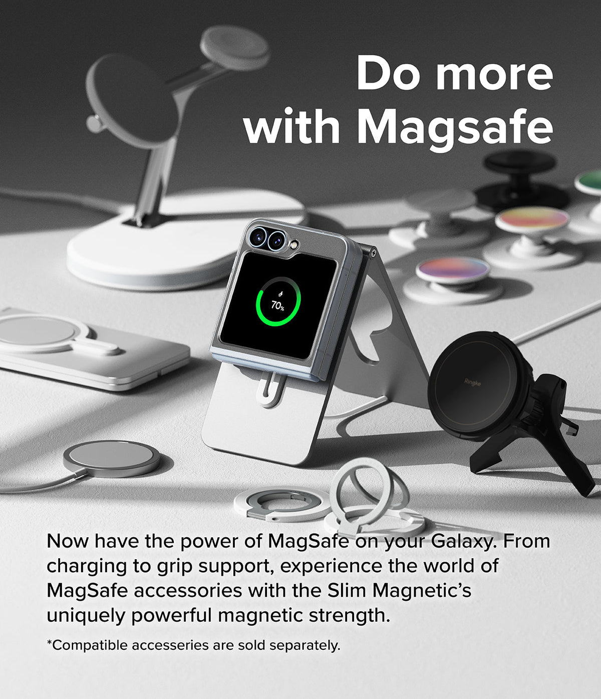 Galaxy Z Flip 7 FE Case | Slim Magnetic - Foldable phone in a magnetic case on a stand, surrounded by MagSafe accessories.