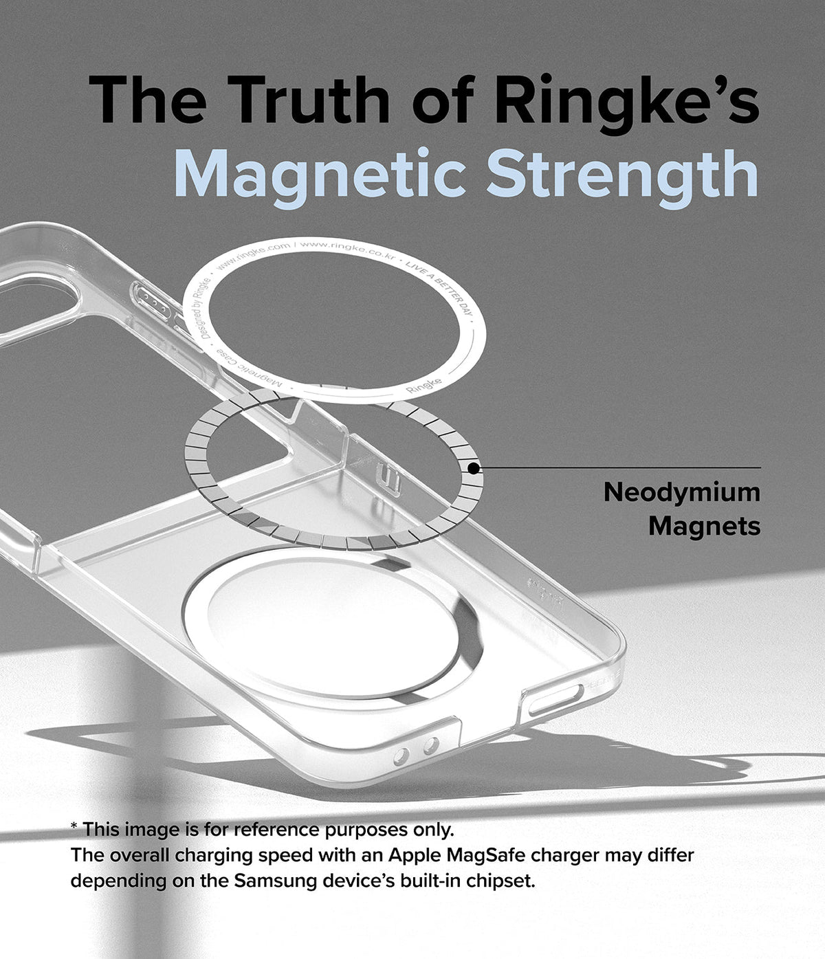 Galaxy Z Flip 7 FE Case | Slim Magnetic - Exploded view of a clear phone case showing integrated neodymium magnets.