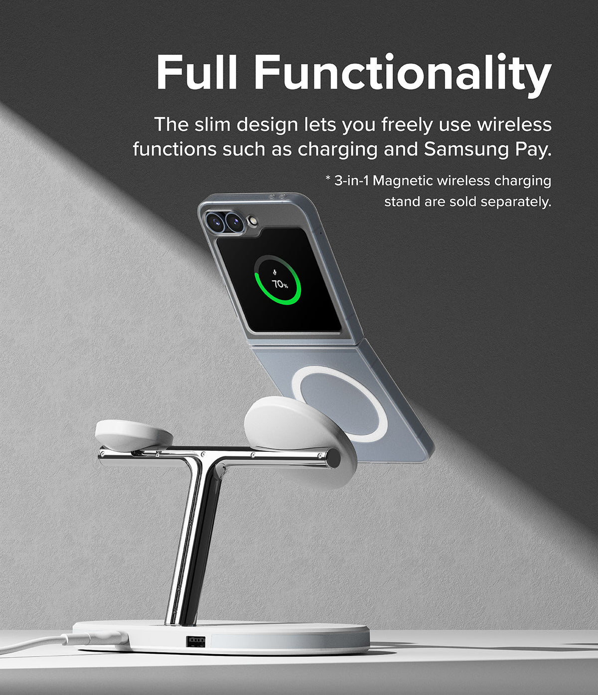 Galaxy Z Flip 7 FE Case | Slim Magnetic - A Galaxy Z Flip phone in a magnetic case wirelessly charging on a stand.