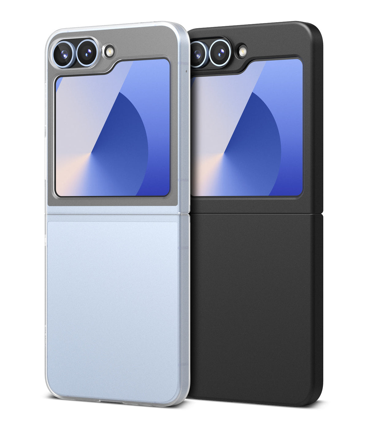 Galaxy Z Flip 6 Case | Slim - Two Galaxy Z Flip 6 phones in clear and black slim cases showing dual rear cameras and cover screens.