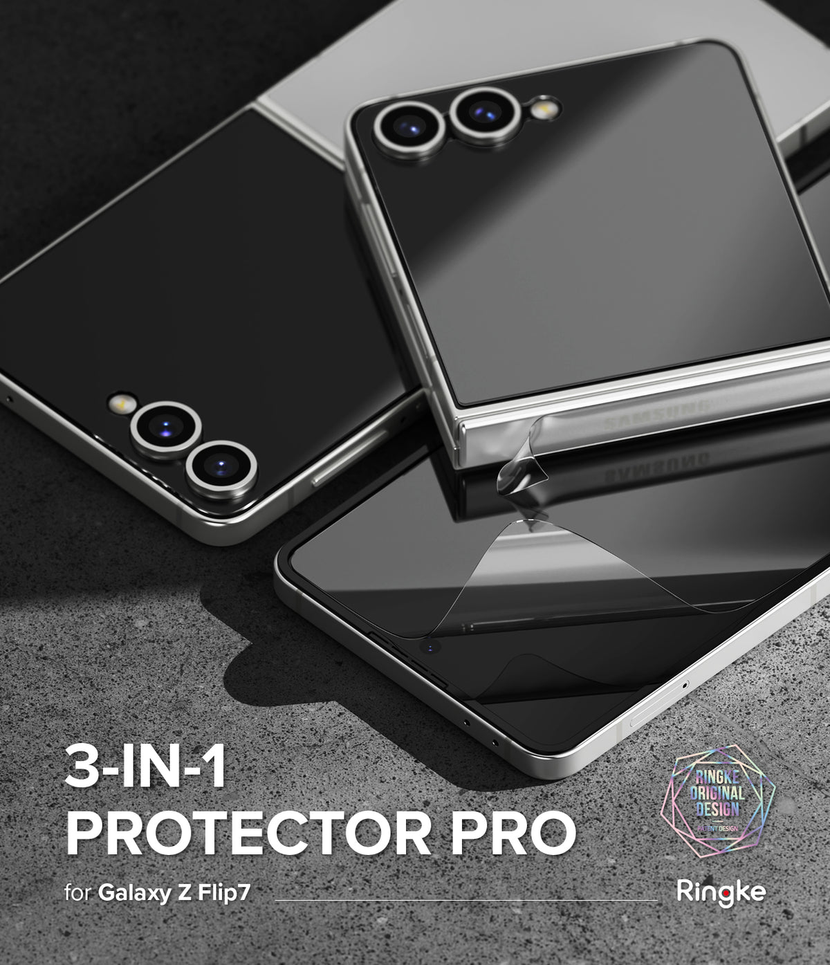 Galaxy Z Flip 7 Screen Protector | 3-in-1 Protector Pro - Two Galaxy Z Flip 7 phones with applied screen and camera lens protectors.