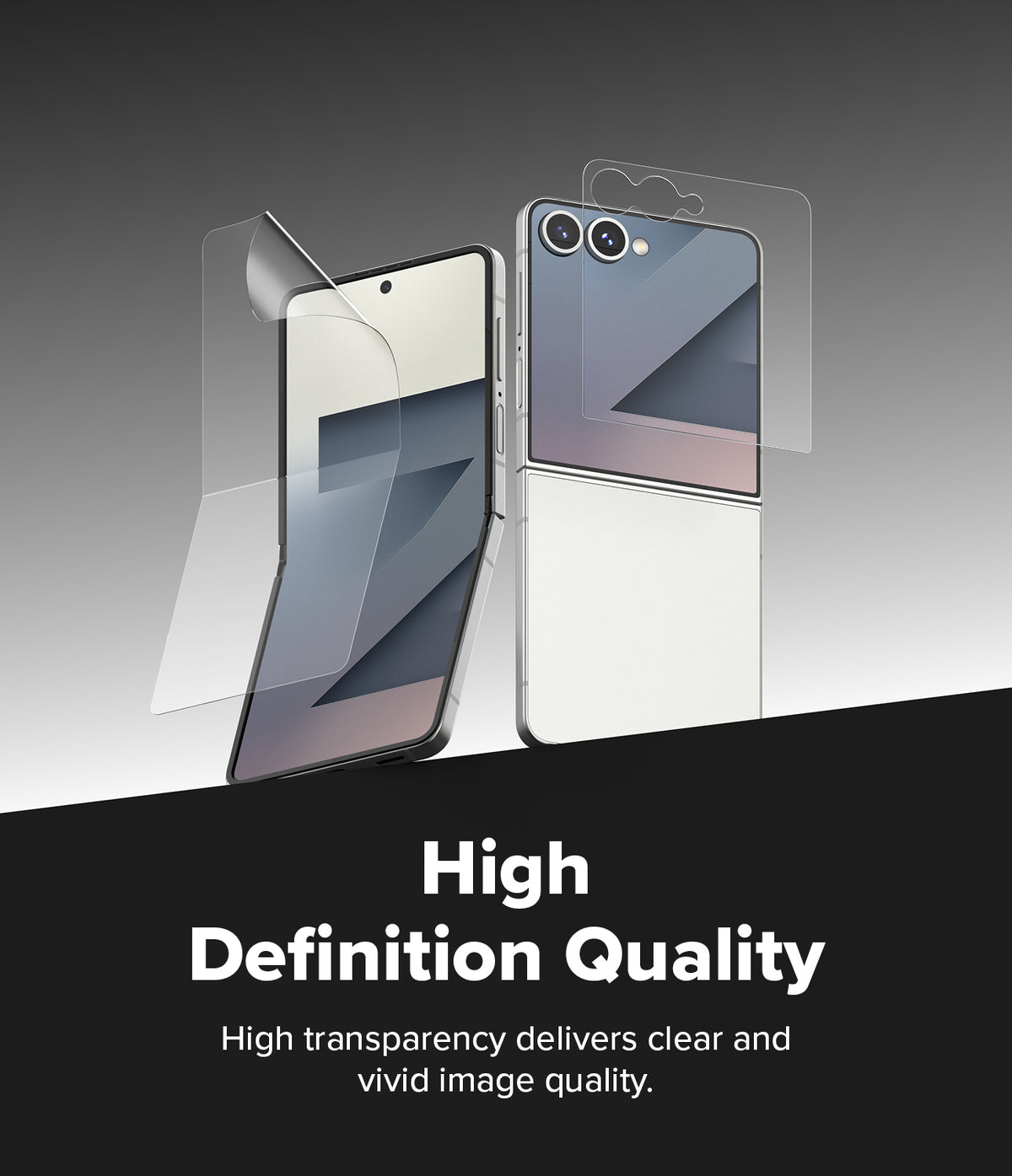 Galaxy Z Flip 7 Screen Protector | 3-in-1 Protector Pro - Transparent screen and camera protectors hovering over a Galaxy Z Flip 7 smartphone.