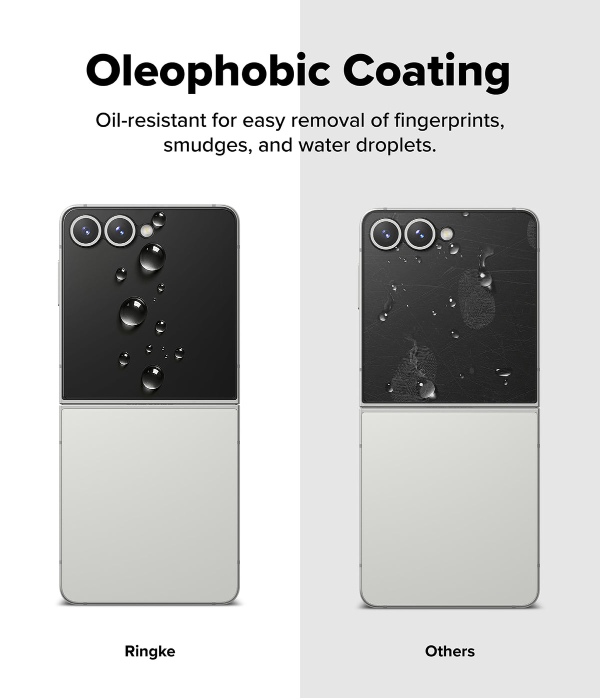 Galaxy Z Flip 7 Screen Protector | 3-in-1 Protector Pro - Comparison showing Ringke's clean, water-repellent surface versus a smudged, marked screen.