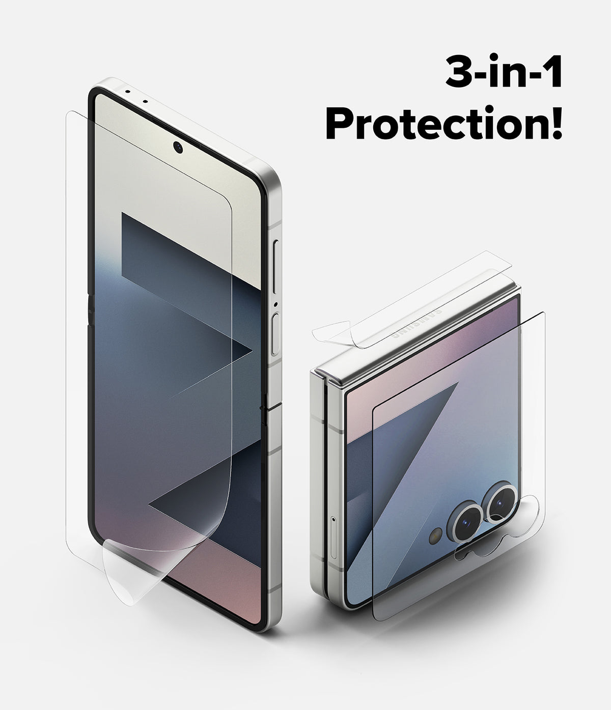 Galaxy Z Flip 7 Screen Protector | 3-in-1 Protector Pro - Open and folded phone with transparent screen and camera lens protectors applied.