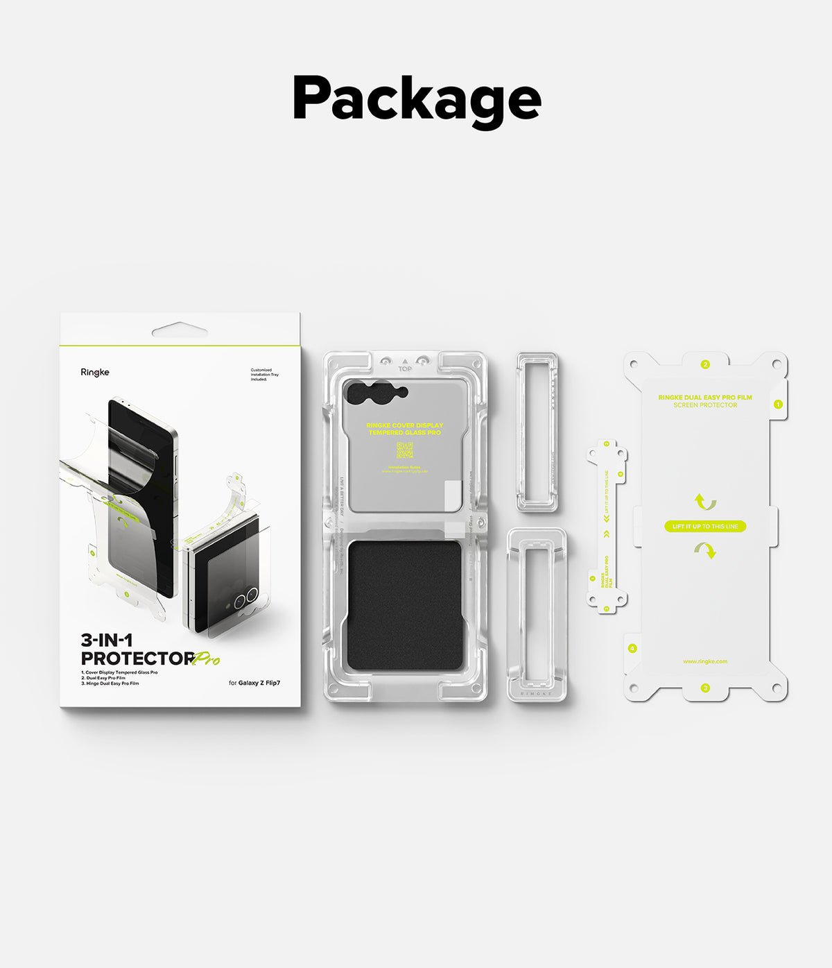 Galaxy Z Flip 7 Screen Protector | 3-in-1 Protector Pro - Packaging, installation tray, and screen protector films for Galaxy Z Flip 7.