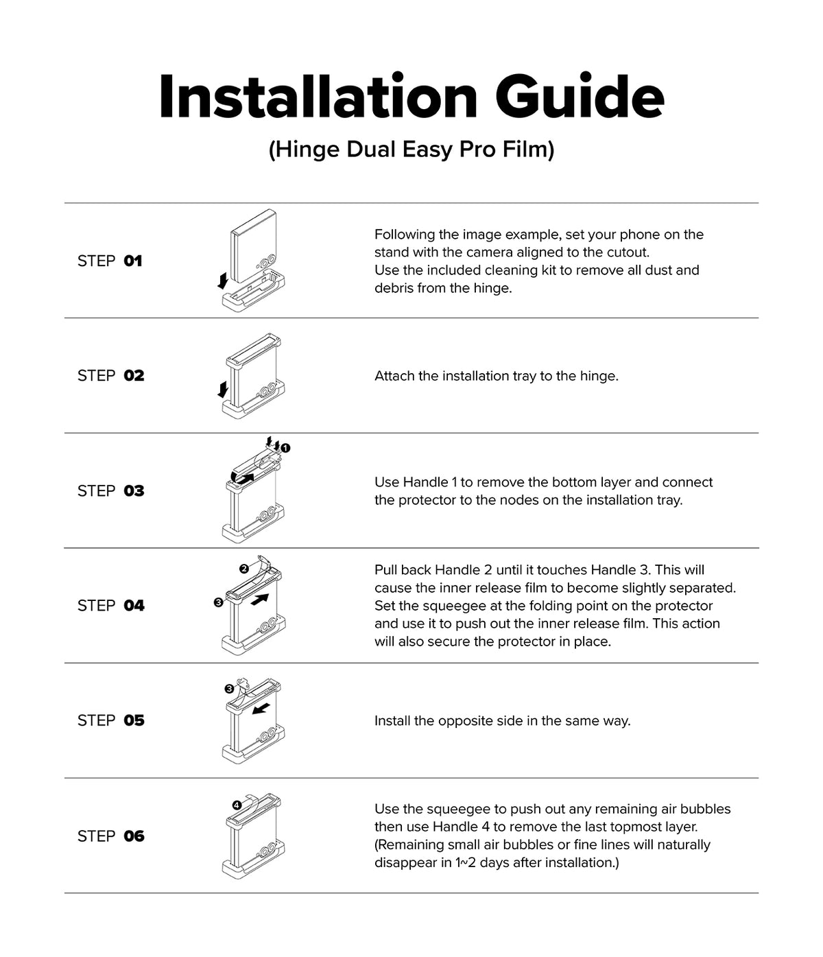 Galaxy Z Flip 7 Screen Protector | 3-in-1 Protector Pro - Six-step illustrated guide for installing a hinge film using a tray and squeegee.