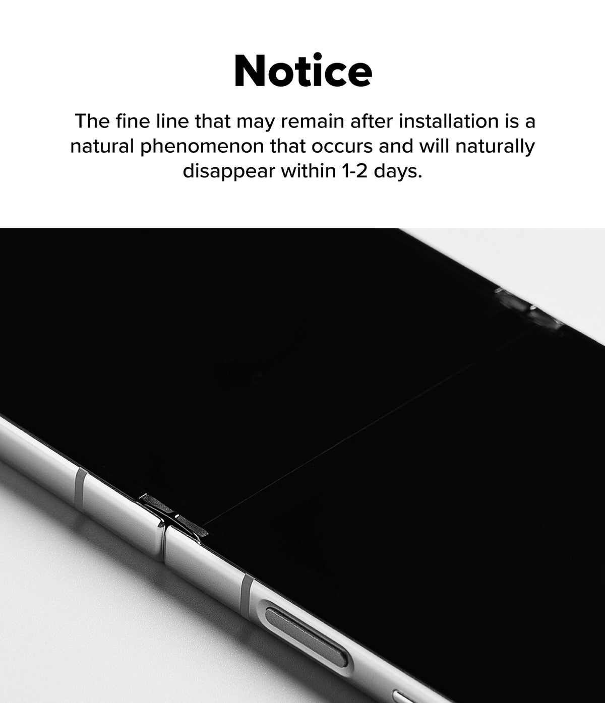 Galaxy Z Flip 7 Screen Protector | 3-in-1 Protector Pro - Text notice about a temporary installation line on a foldable phone screen.
