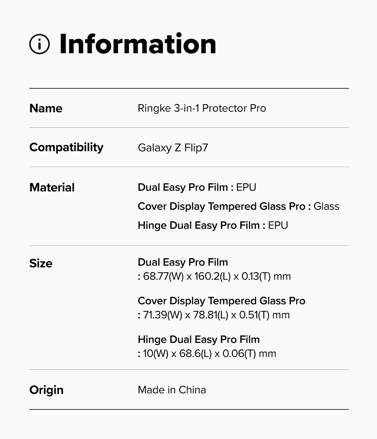 Galaxy Z Flip 7 Screen Protector | 3-in-1 Protector Pro - Information table detailing product name, compatibility, materials, and dimensions.