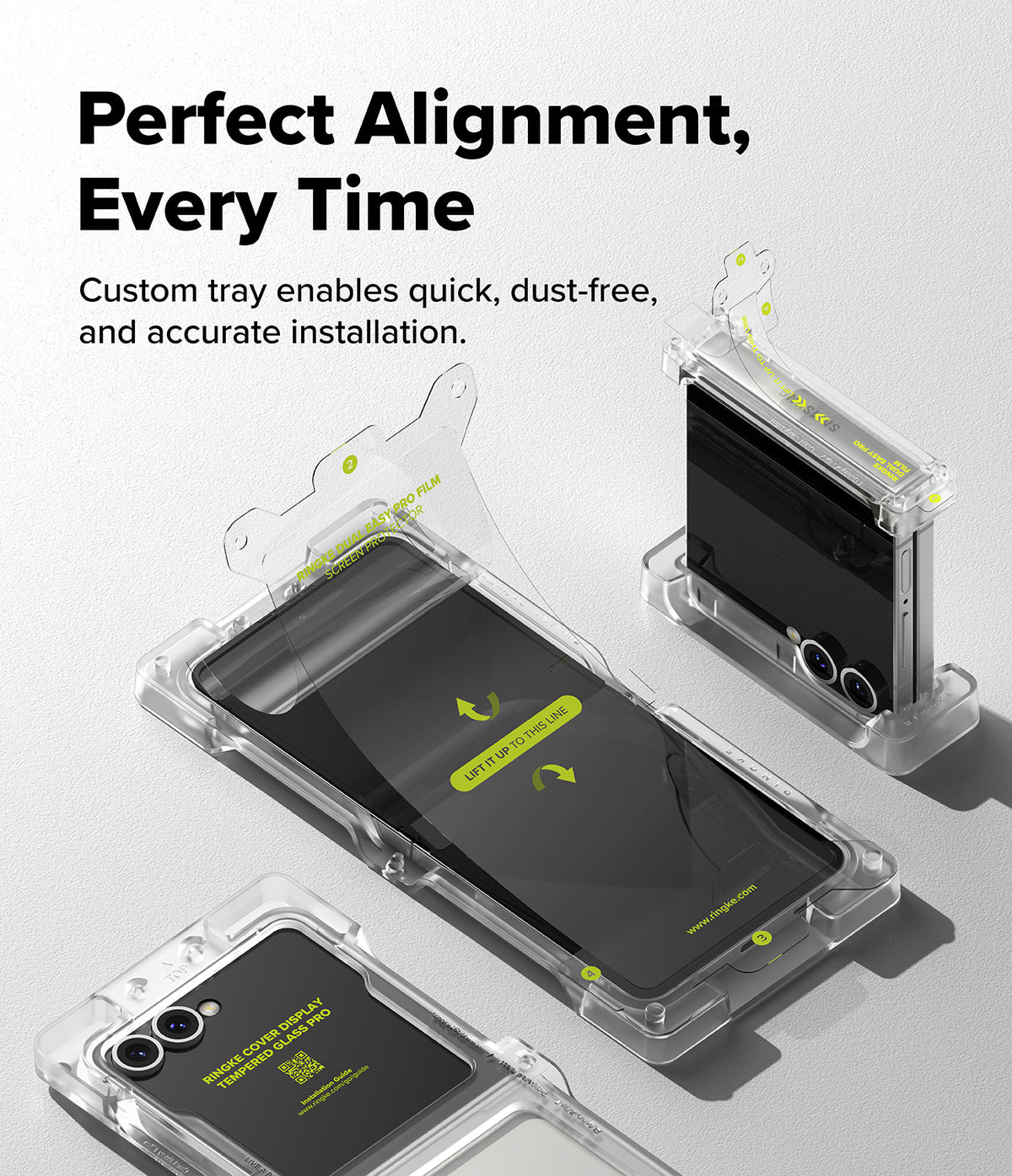 Galaxy Z Flip 7 Screen Protector | 3-in-1 Protector Pro - A foldable phone in an installation tray with a screen protector film being applied.