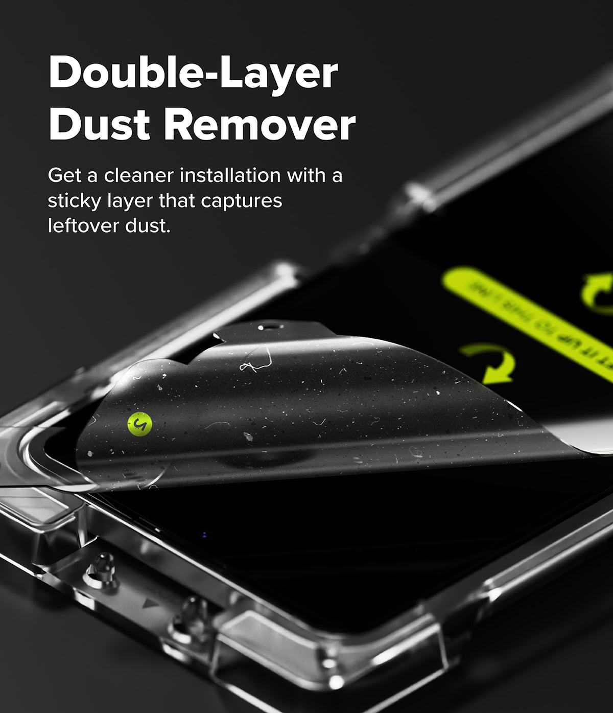 Galaxy Z Flip 7 Screen Protector | 3-in-1 Protector Pro - A sticky dust-removing layer being peeled off a smartphone screen during installation.