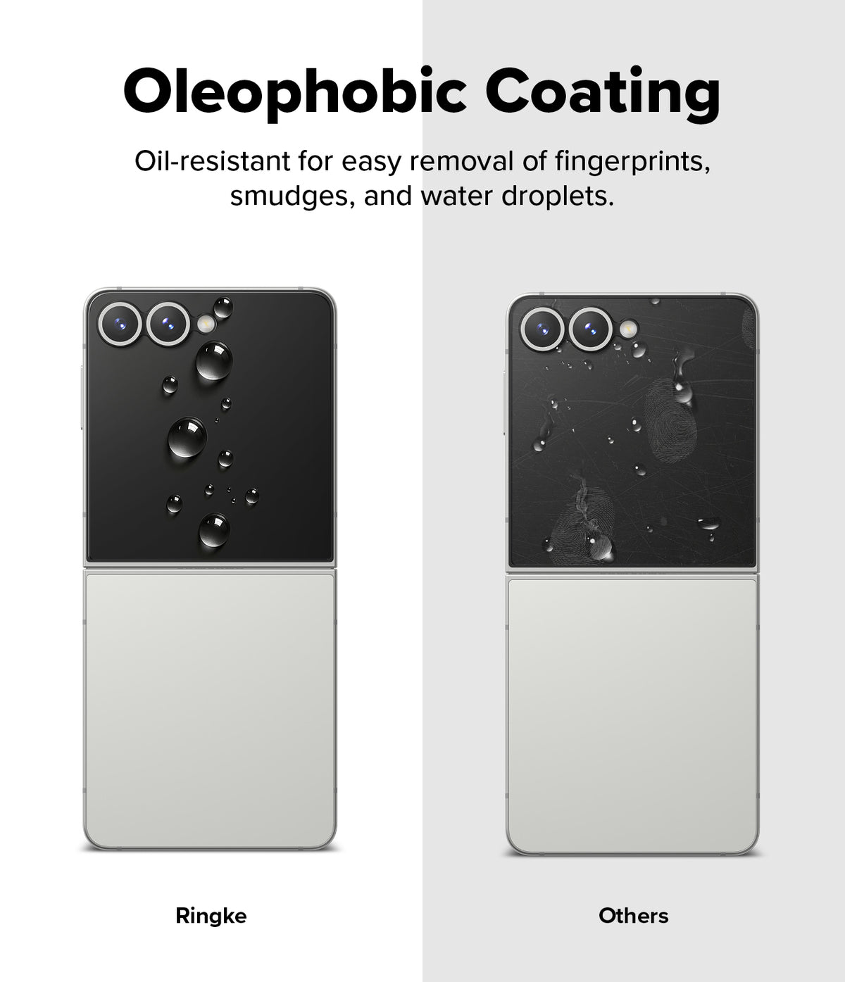 Galaxy Z Flip 7 Screen Protector | Cover Display Tempered Glass Pro (2 Pack) - Comparison showing clean Ringke glass vs. smudged, water-spotted standard glass.