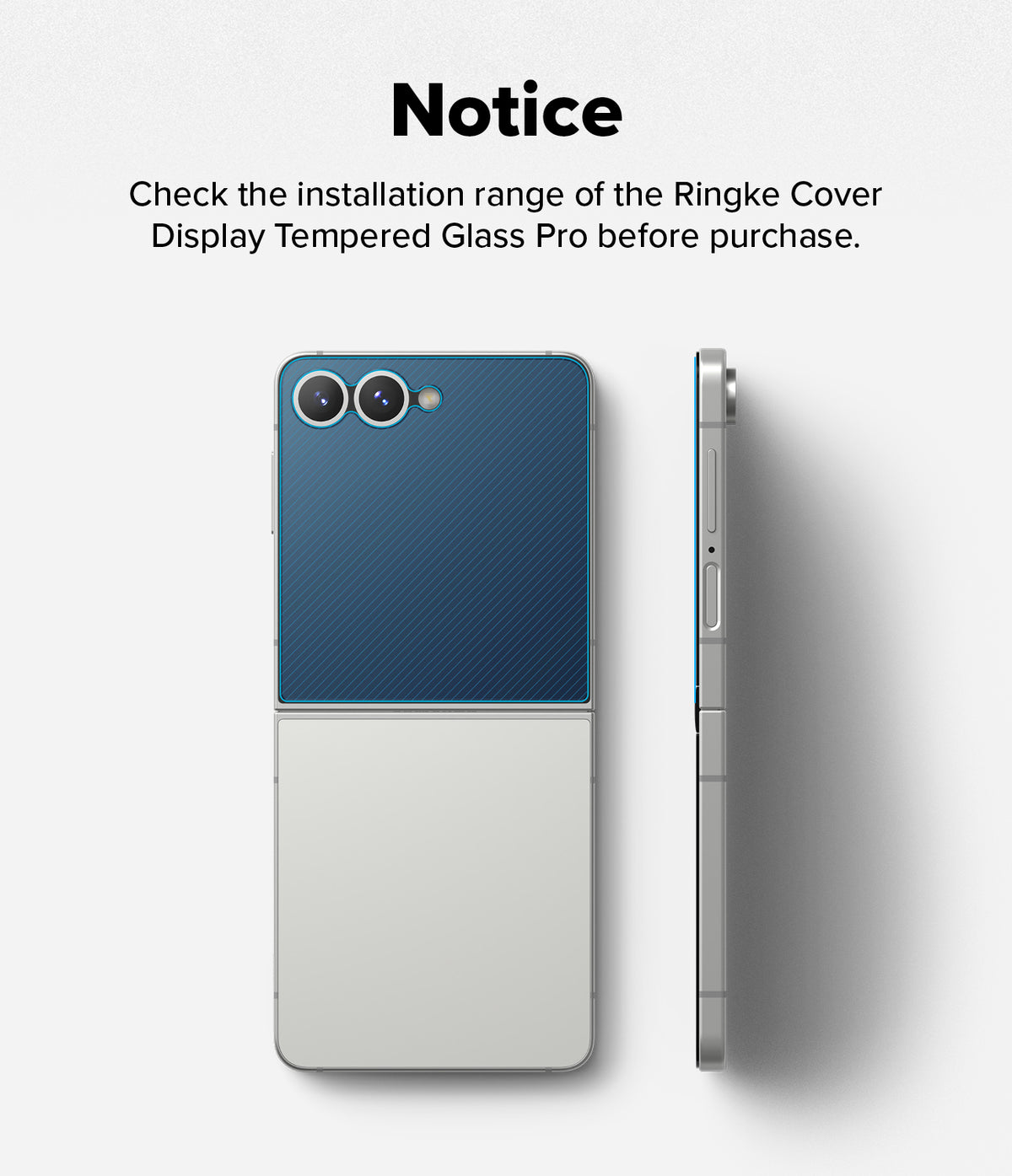 Galaxy Z Flip 7 Screen Protector | Cover Display Tempered Glass Pro (2 Pack) - Diagram showing the installation area of the cover display glass on a folded phone.
