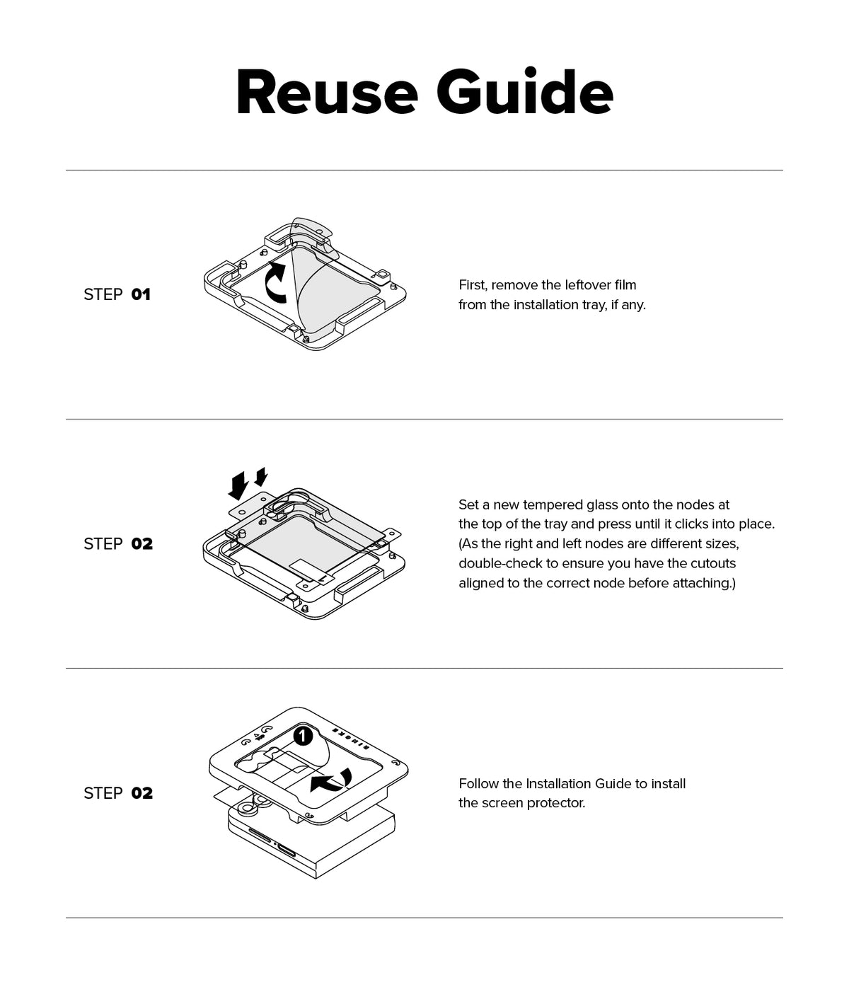 Galaxy Z Flip 7 Screen Protector | Cover Display Tempered Glass Pro (2 Pack) - Three-step diagram showing how to reuse the installation tray for a new glass protector.