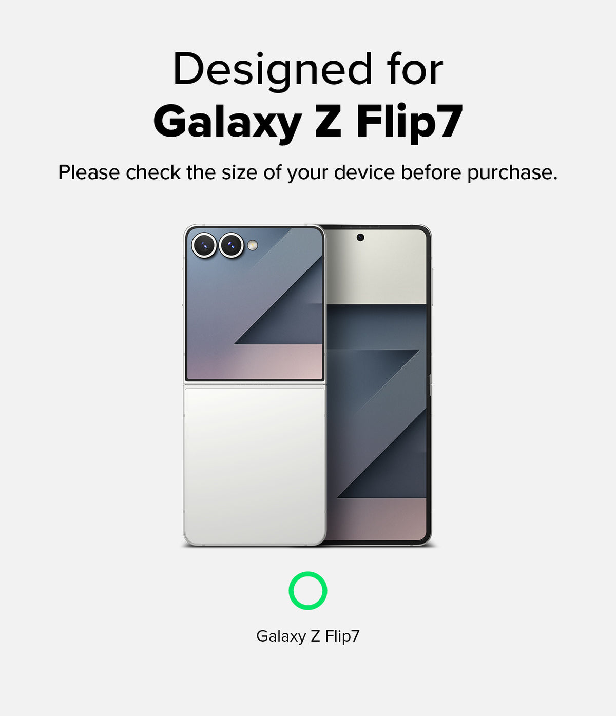 Galaxy Z Flip 7 Screen Protector | Cover Display Tempered Glass Pro (2 Pack) - Galaxy Z Flip7 phone shown with text advising to check device size before purchase.