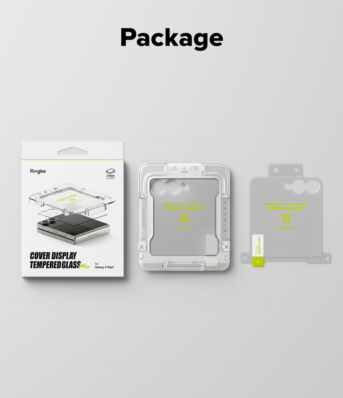 Galaxy Z Flip 7 Screen Protector | Cover Display Tempered Glass Pro (2 Pack) - Packaging, installation frame, and two tempered glass screen protectors for Galaxy Z Flip 7.