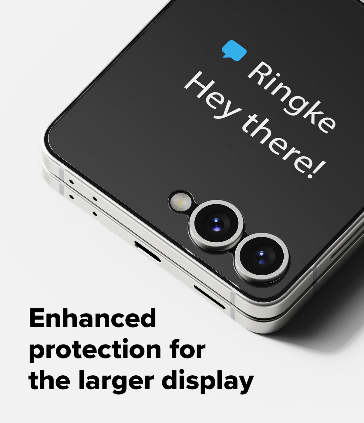 Galaxy Z Flip 7 Screen Protector | Cover Display Tempered Glass Pro (2 Pack) - Close-up of a phone cover screen with a message notification and dual camera lenses.