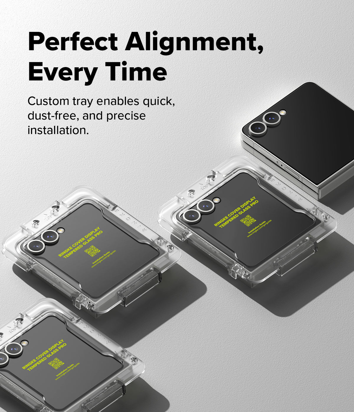 Galaxy Z Flip 7 Screen Protector | Cover Display Tempered Glass Pro (2 Pack) - Three Galaxy Z Flip 7 phones in clear installation trays for precise screen alignment.