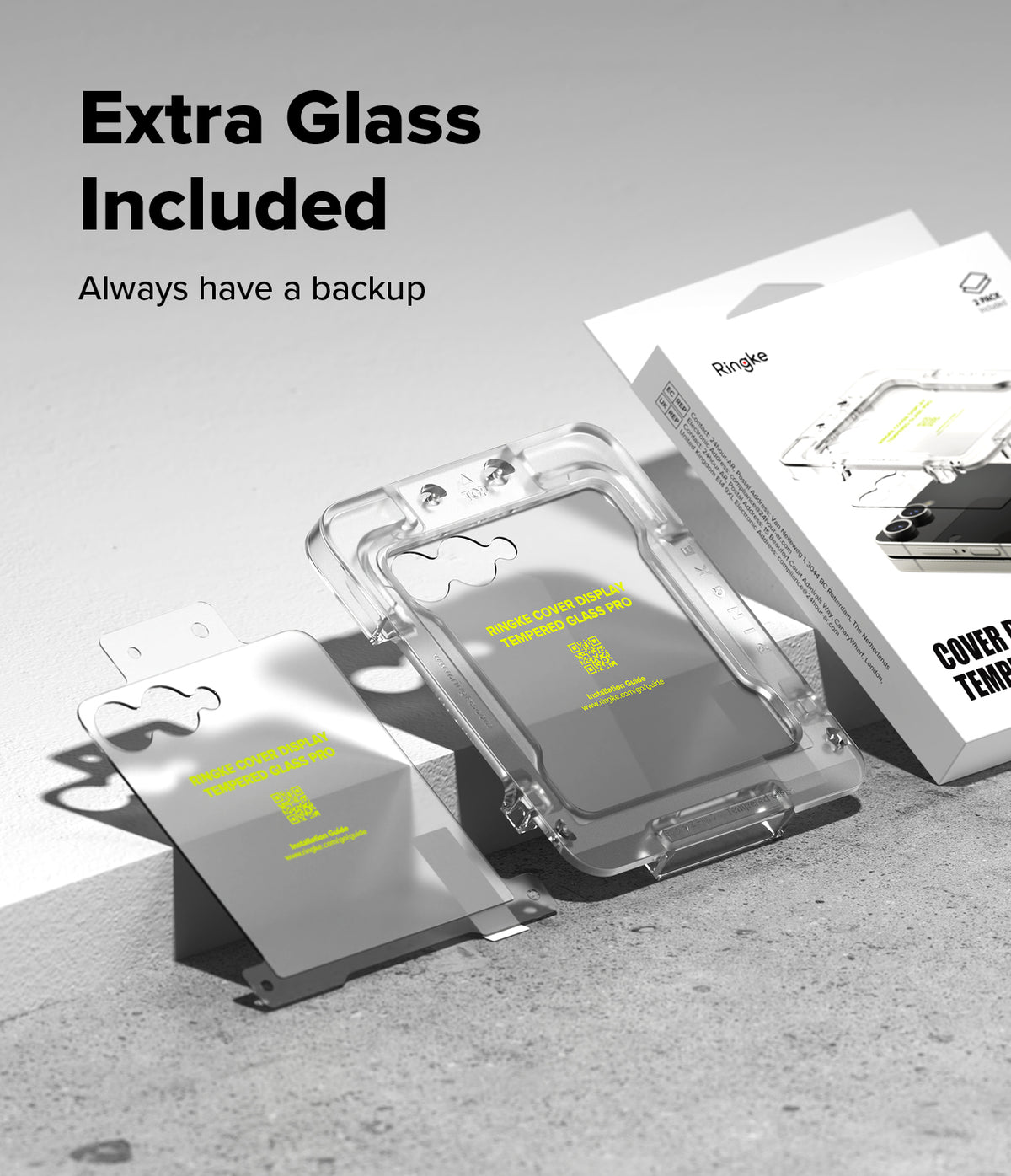 Galaxy Z Flip 7 Screen Protector | Cover Display Tempered Glass Pro (2 Pack) - Two tempered glass screen protectors with installation frames and packaging.