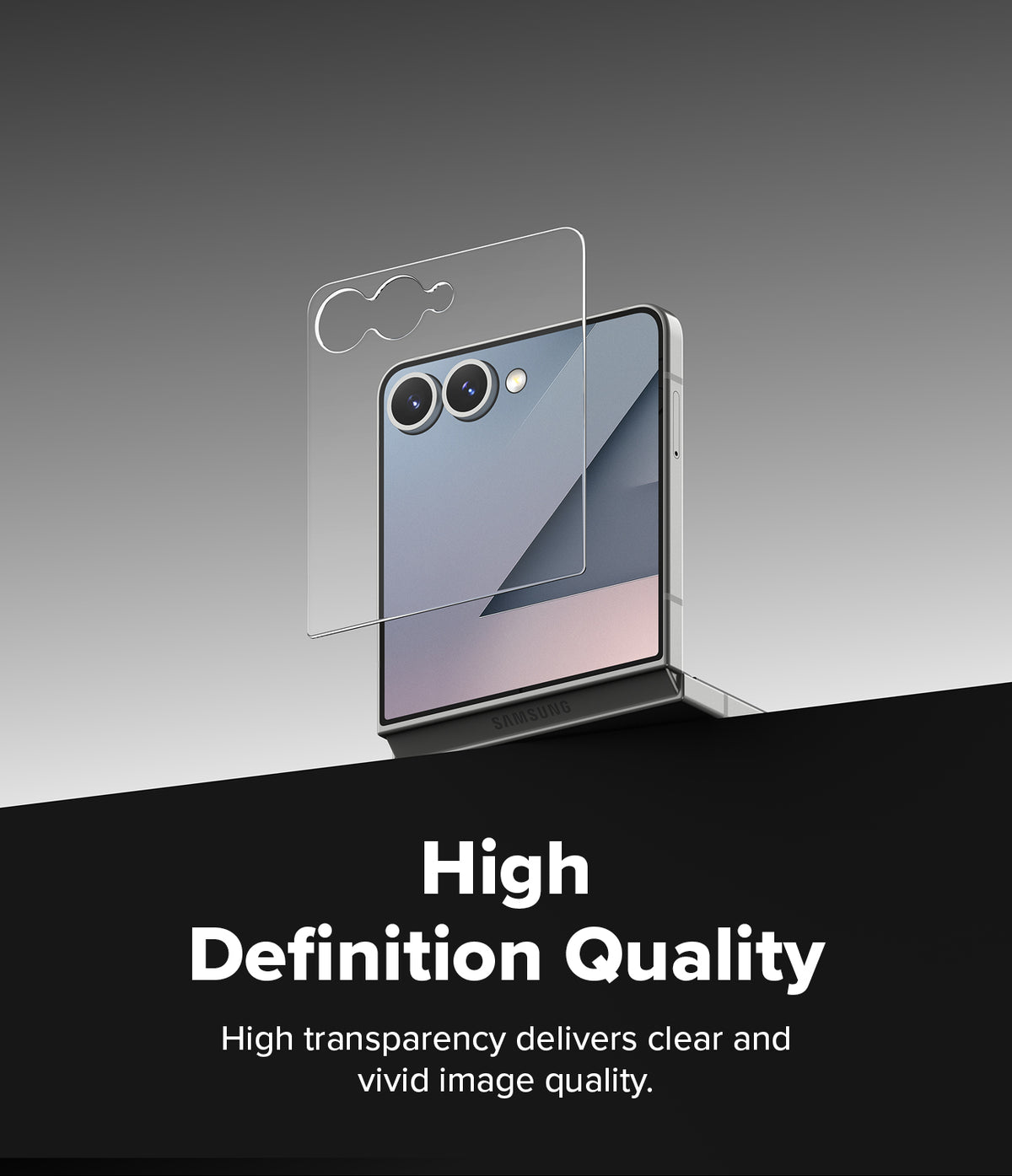 Galaxy Z Flip 7 Screen Protector | Cover Display Tempered Glass Pro (2 Pack) - Tempered glass protector hovering above a Galaxy Z Flip 7 cover display.