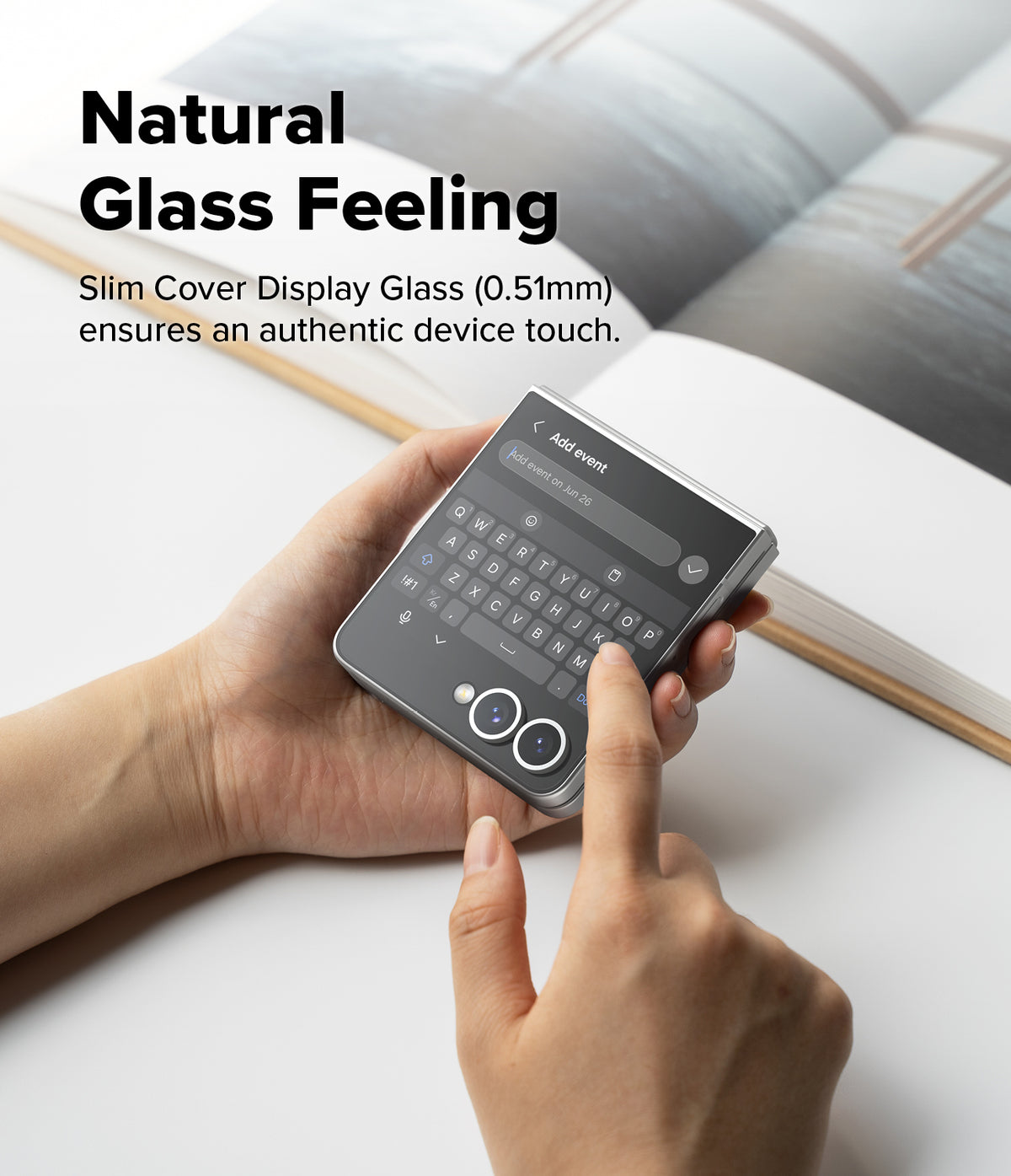 Galaxy Z Flip 7 Screen Protector | Cover Display Tempered Glass Pro (2 Pack) - Hands using a Galaxy Z Flip 7 with a slim tempered glass cover display protector.