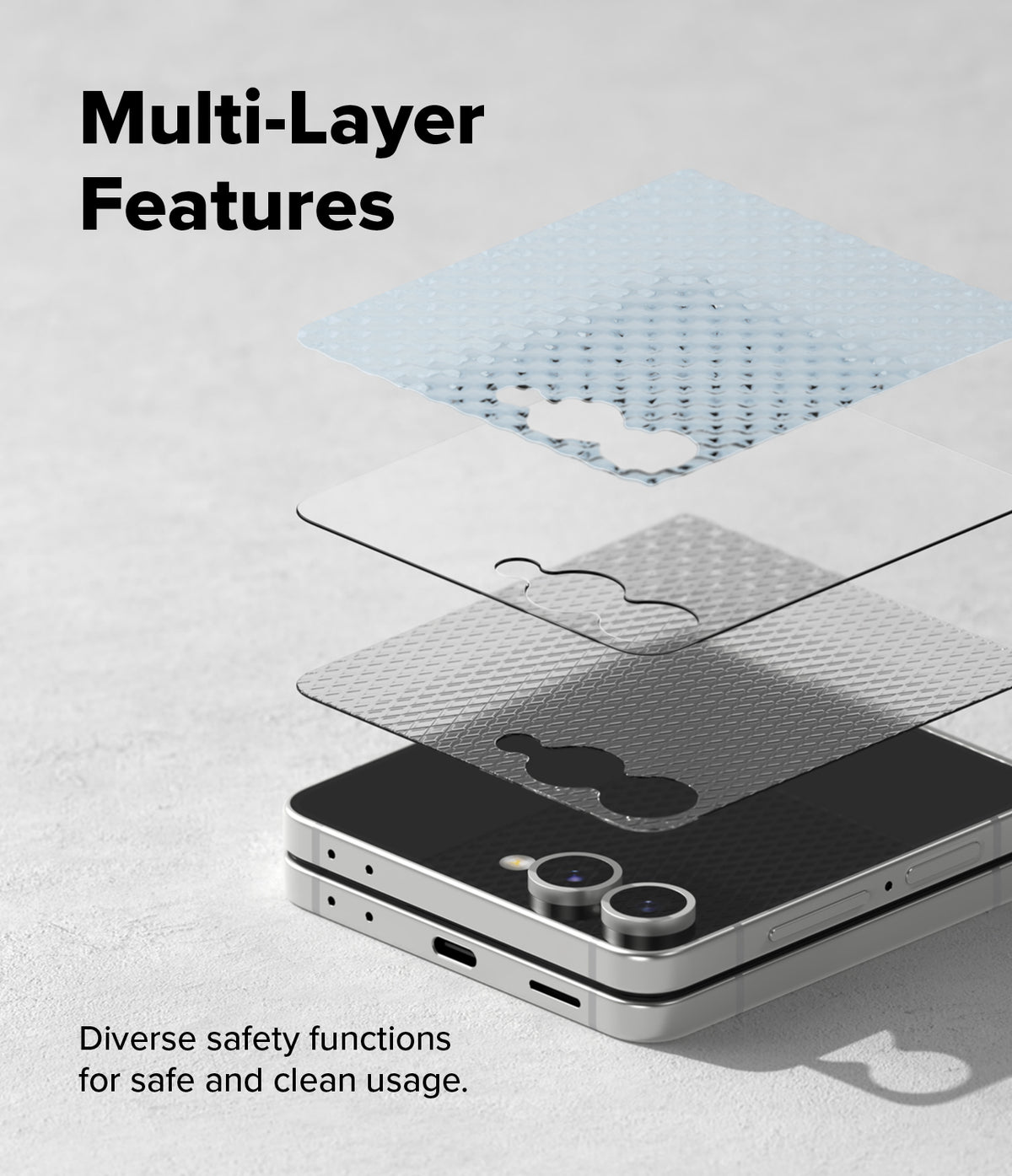 Galaxy Z Flip 7 Screen Protector | Cover Display Tempered Glass Pro (2 Pack) - Exploded view showing layers of protective film above a folded smartphone display.
