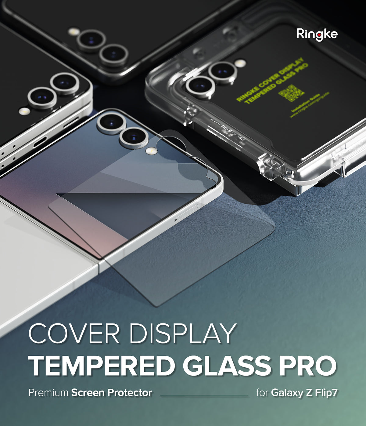 Galaxy Z Flip 7 Screen Protector | Cover Display Tempered Glass Pro (2 Pack) - Tempered glass protector being applied to the cover display of a Galaxy Z Flip 7.