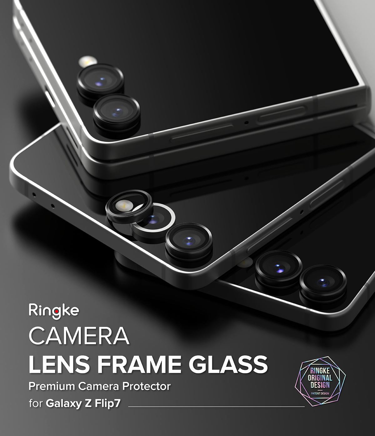 Galaxy Z Flip 7 | Camera Lens Frame Glass (2 Pack) - Two black camera lens protectors hovering over a Galaxy Z Flip 7 phone.