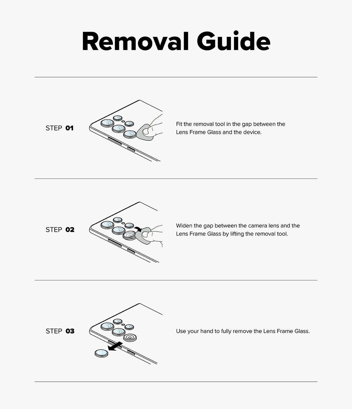 Galaxy Z Flip 7 | Camera Lens Frame Glass (2 Pack) - - Three-step illustrated guide showing how to use a tool to remove camera lens frame glass from a phone.