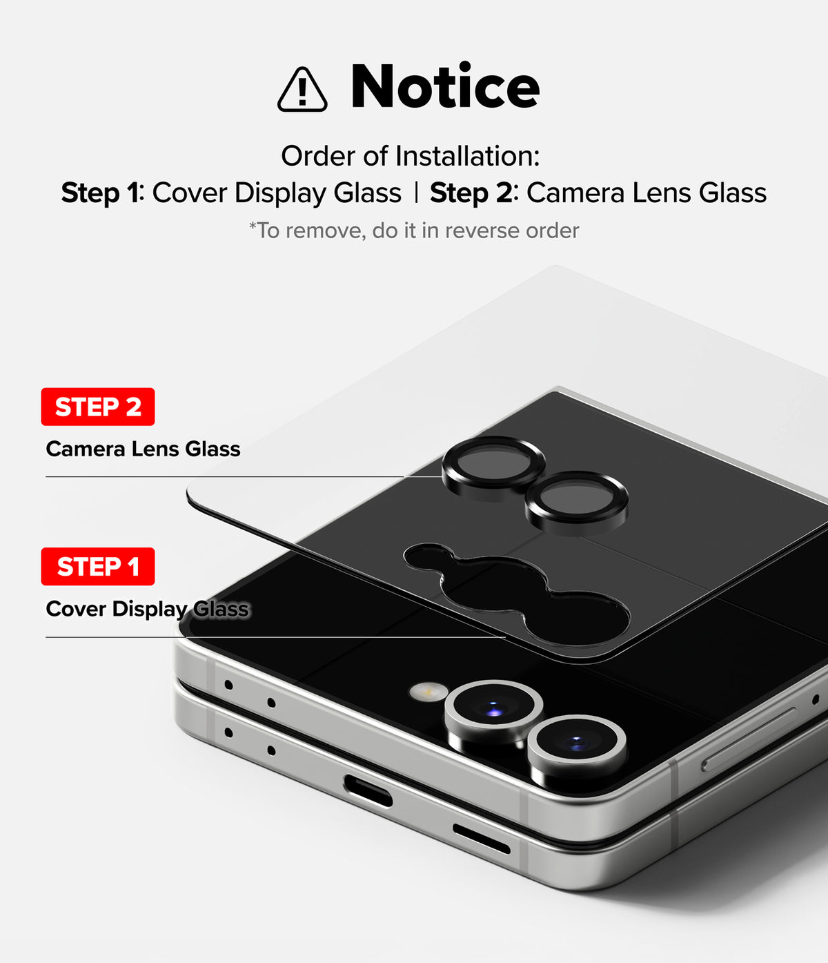 Galaxy Z Flip 7 Screen Protector | Cover Display Tempered Glass Pro (2 Pack) - Installation guide showing steps to apply cover display and camera lens glass.