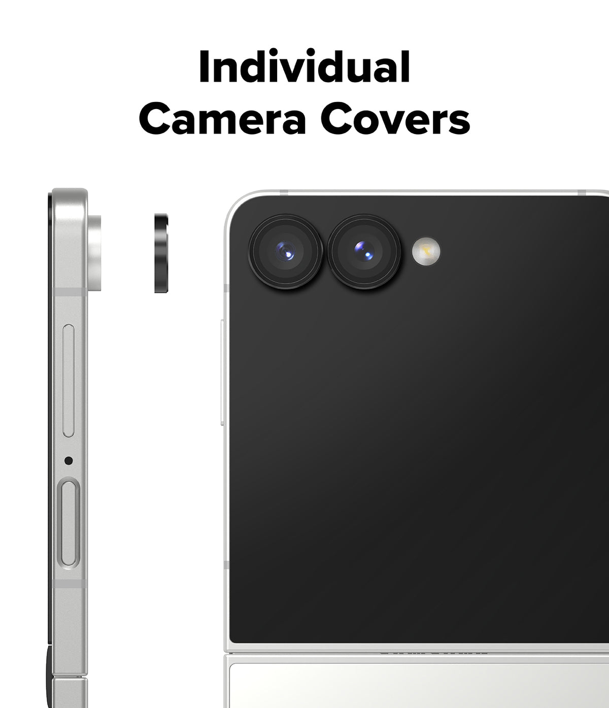 Galaxy Z Flip 7 | Camera Lens Frame Glass (2 Pack) - Two individual black circular lens covers floating above a phone camera.