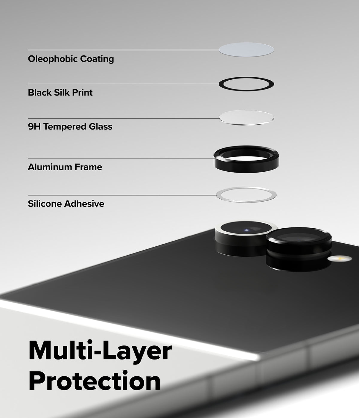 Galaxy Z Flip 7 | Camera Lens Frame Glass (2 Pack) - Exploded view of camera lens protector layers including glass, aluminum frame, and adhesive.