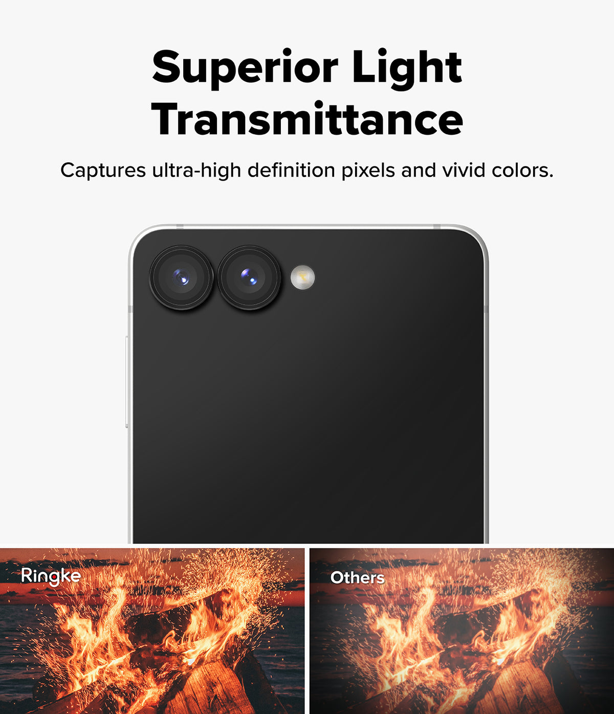 Galaxy Z Flip 7 | Camera Lens Frame Glass (2 Pack) - Camera lens protectors on a phone showing a comparison of high-clarity fire photos versus blurry ones.