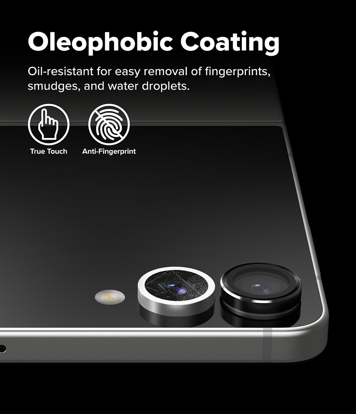 Galaxy Z Flip 7 | Camera Lens Frame Glass (2 Pack) - Camera lens protectors on a phone back with text highlighting oleophobic, anti-fingerprint coating.
