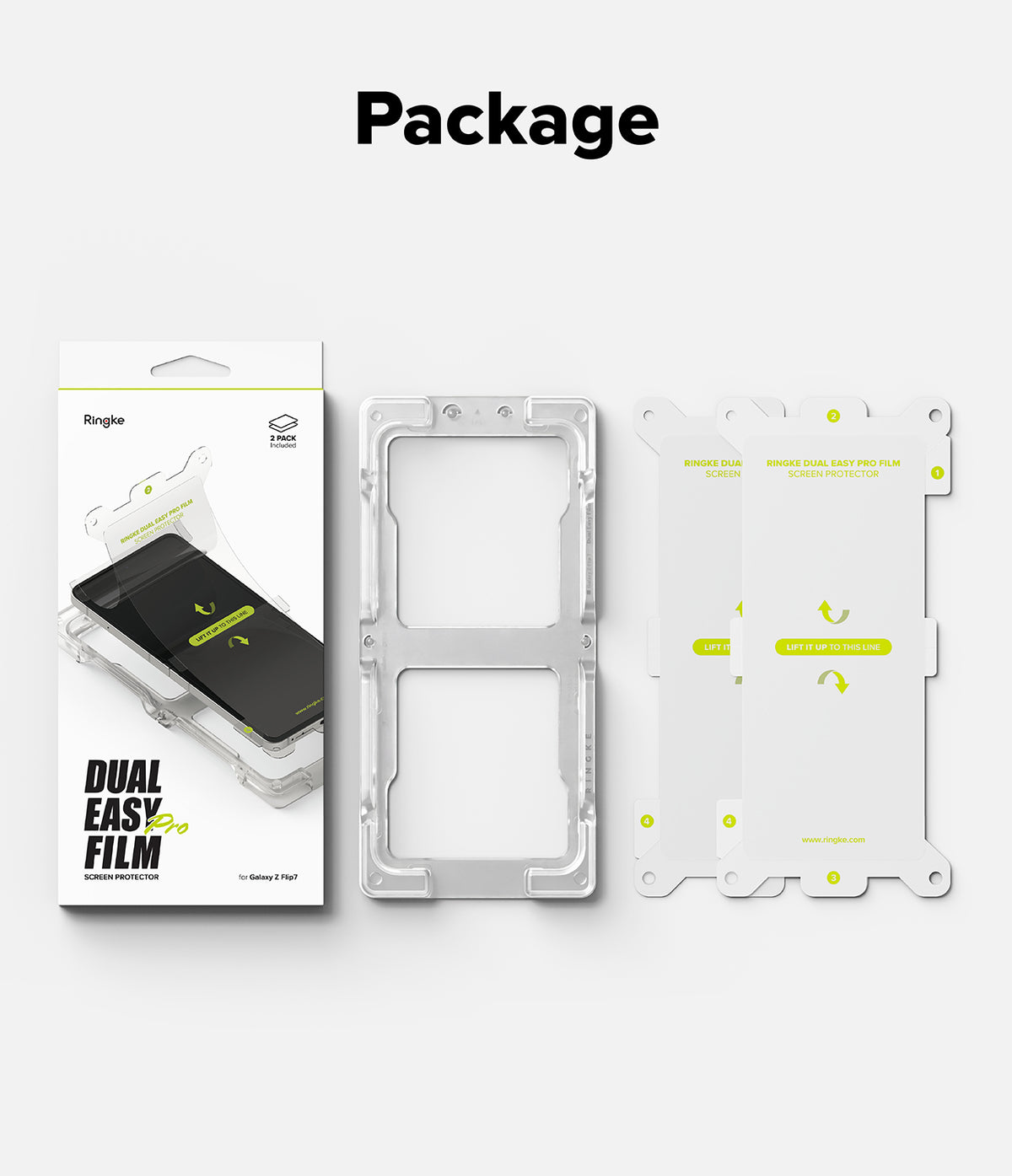 Galaxy Z Flip 7 Screen Protector | Dual Easy Pro Film (2 Pack) - Packaging box, installation frame, and two screen protector films with numbered tabs.