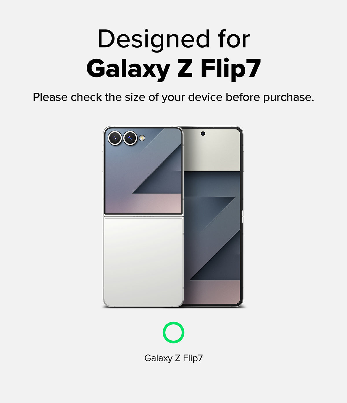 Galaxy Z Flip 7 Screen Protector | Dual Easy Pro Film (2 Pack) - Text confirming compatibility with Galaxy Z Flip 7 beside a folded and open phone.