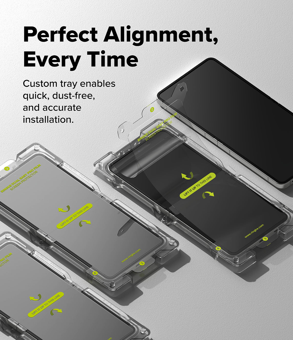 Galaxy Z Flip 7 Screen Protector | Dual Easy Pro Film (2 Pack) - Two phones in clear installation trays with screen protector films being applied.