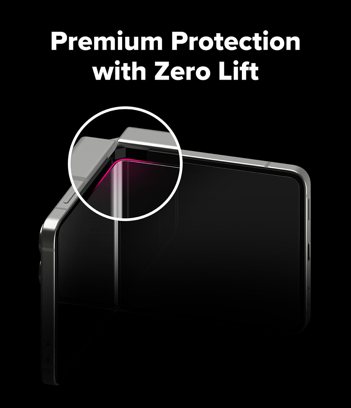 Galaxy Z Flip 7 Screen Protector | Dual Easy Pro Film (2 Pack) - Close-up of a folded phone screen edge highlighted to show a secure, lift-free fit.