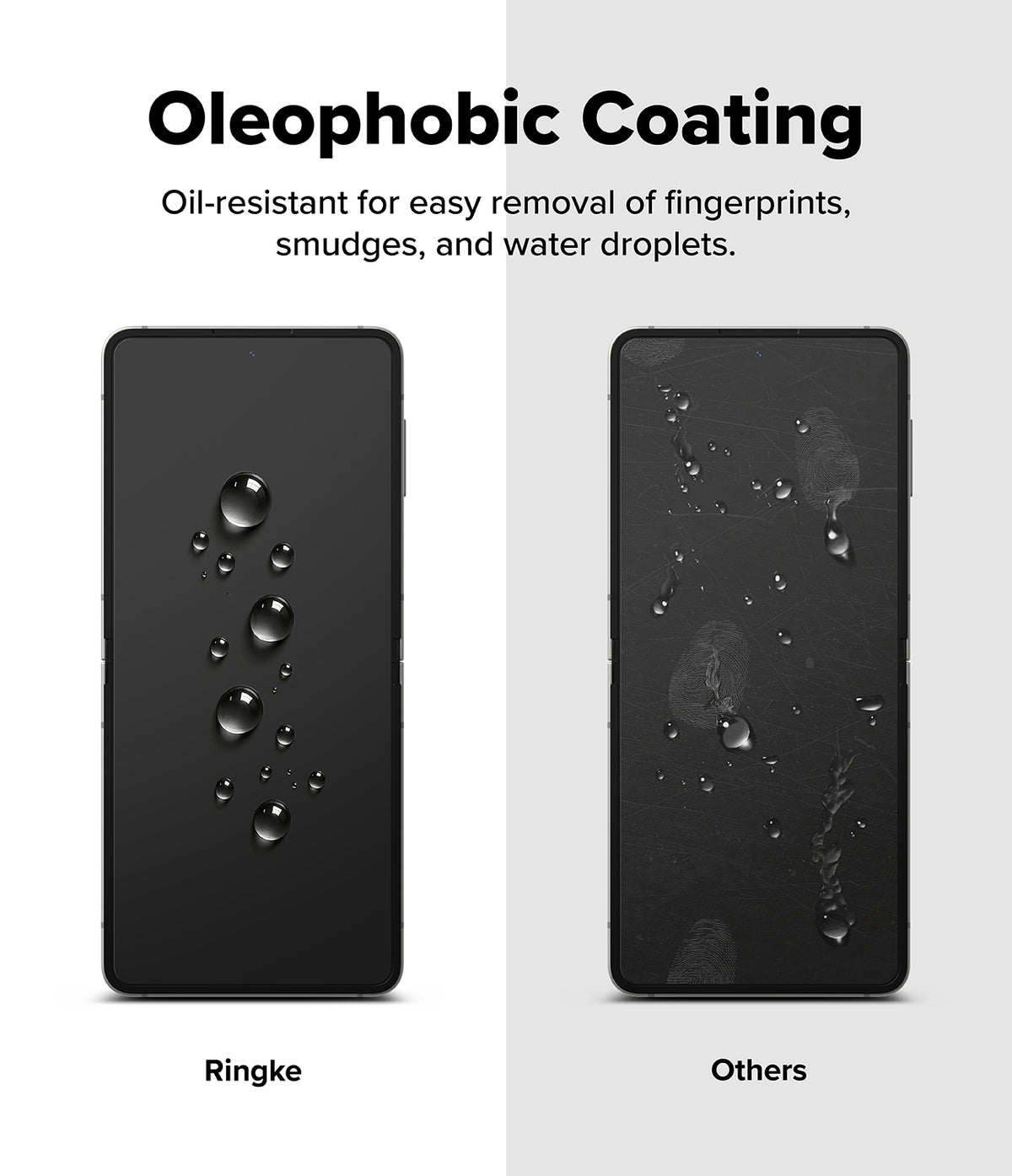 Galaxy Z Flip 7 Screen Protector | Dual Easy Pro Film (2 Pack) - Comparison showing water beading on a Ringke screen versus smudges on another.