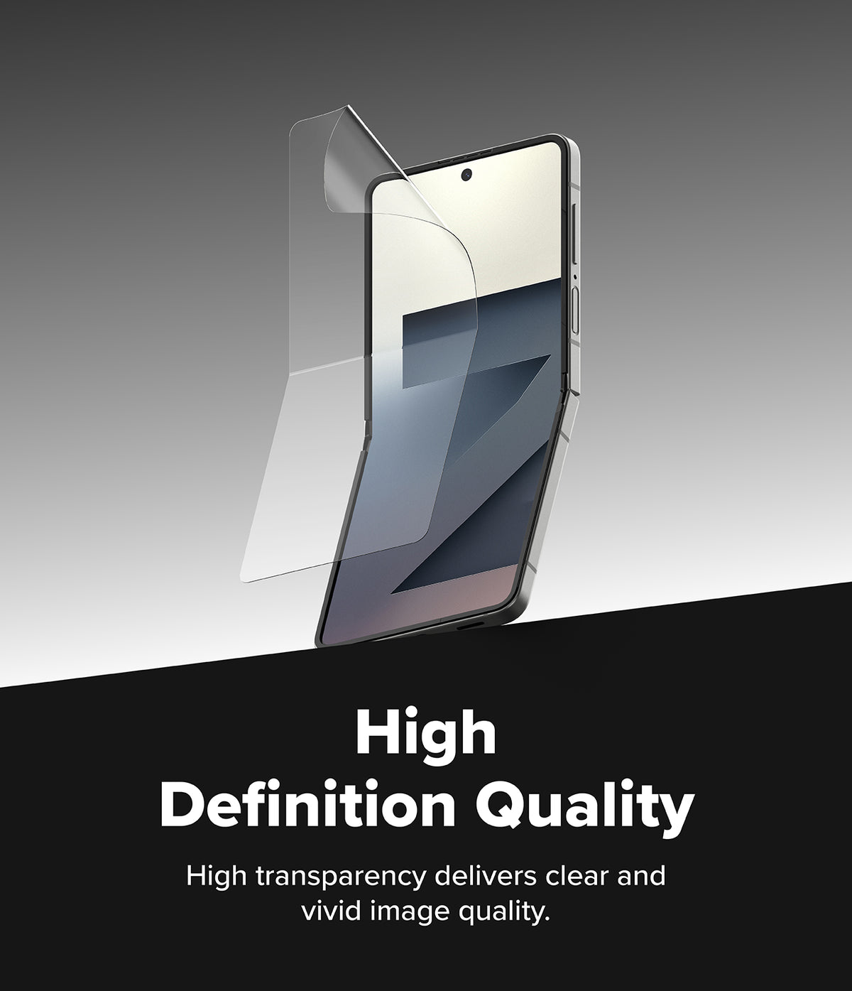 Galaxy Z Flip 7 Screen Protector | Dual Easy Pro Film (2 Pack) - Clear film being applied to a folded Galaxy Z Flip 7 smartphone screen.