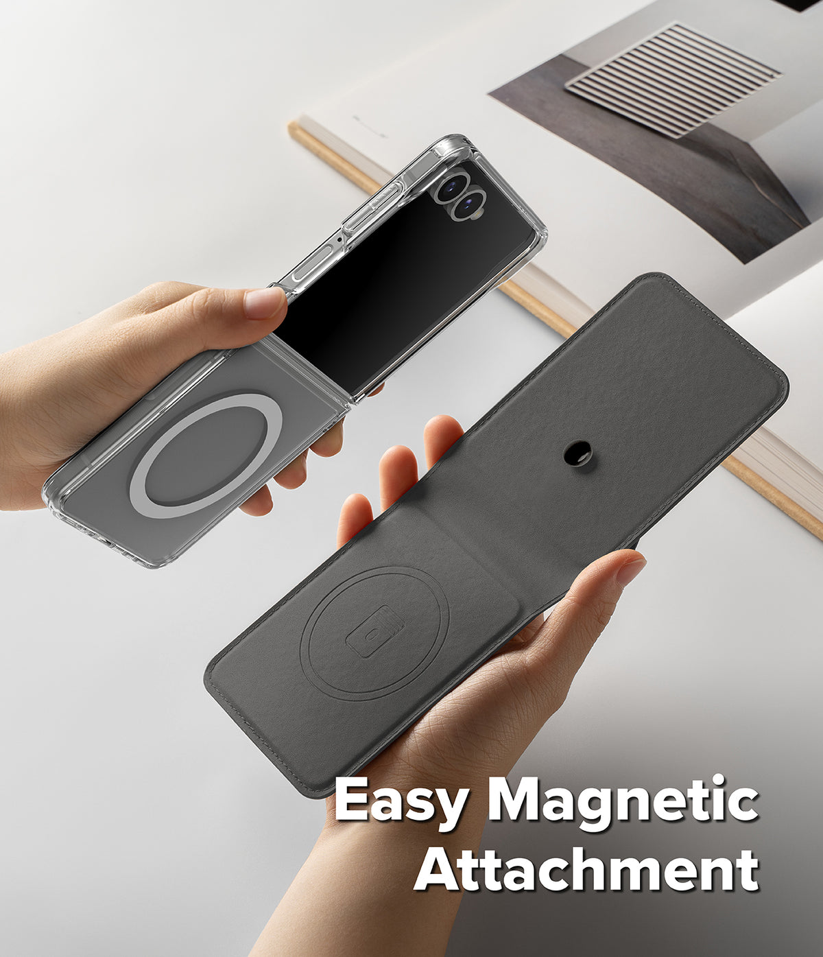 Galaxy Z Flip 7 Cover | Folio Grip Wallet Magnetic - Hands holding a clear phone case and a magnetic black folio wallet, demonstrating easy attachment.