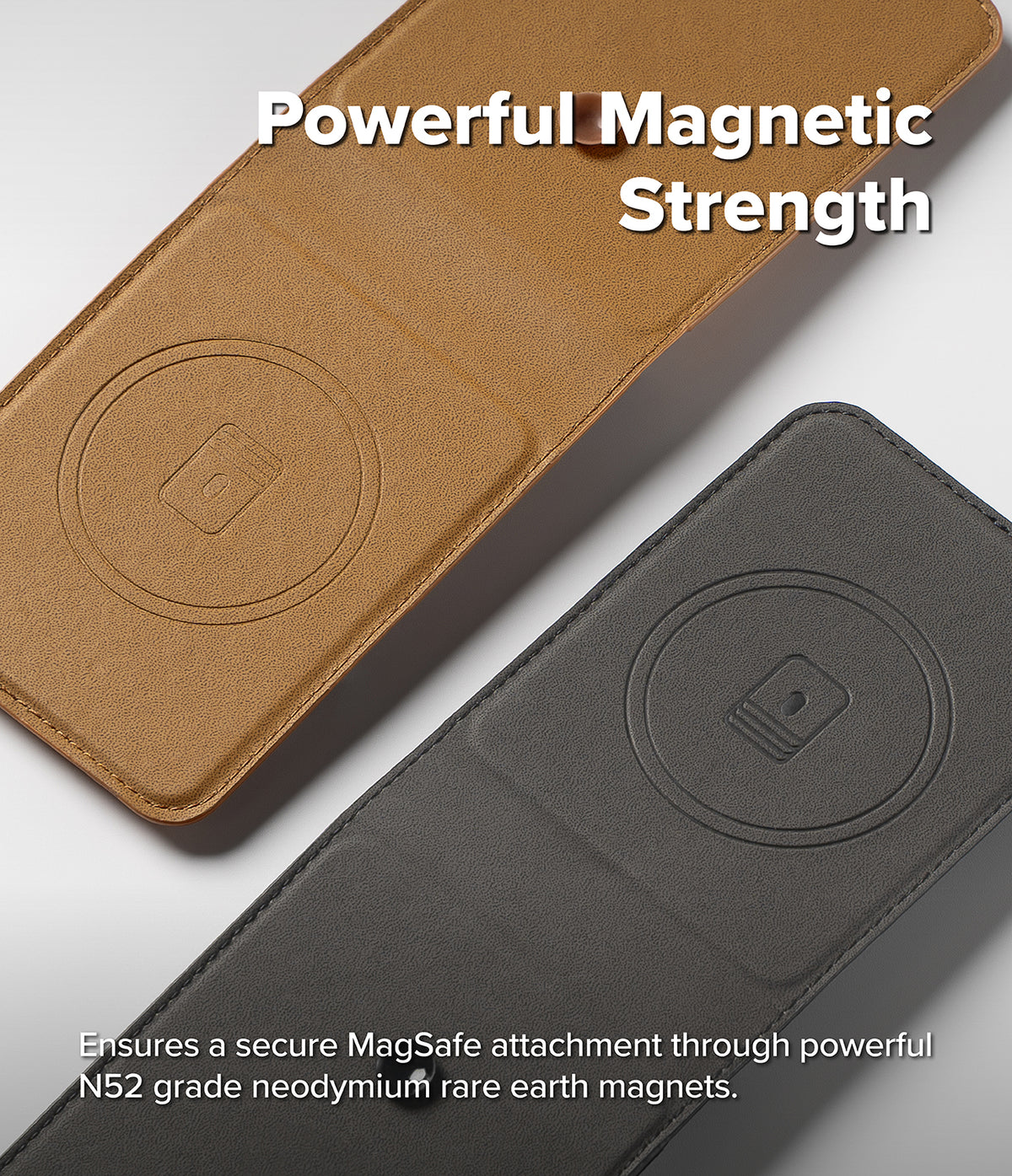 Galaxy Z Flip 7 Cover | Folio Grip Wallet Magnetic - Tan and black leather magnetic wallet cases with circular MagSafe alignment rings embossed.