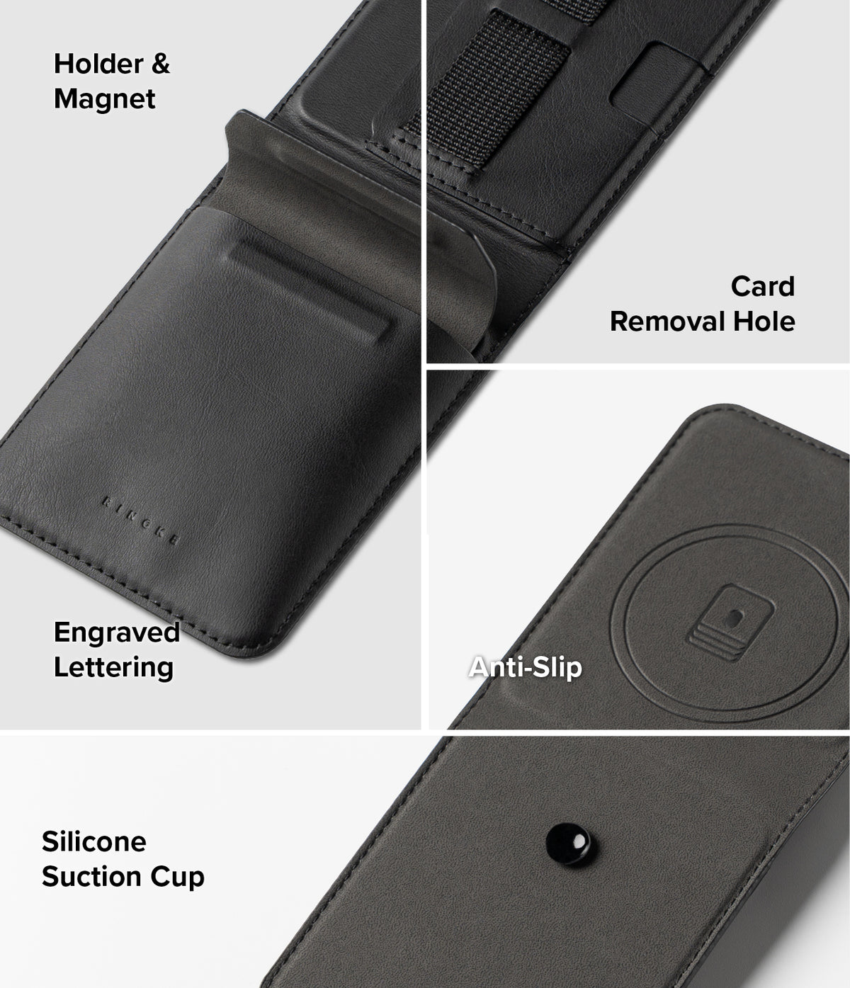 Galaxy Z Flip 7 Cover | Folio Grip Wallet Magnetic - Features of black folio wallet showing card holder, removal hole, engraved logo, and suction cup.