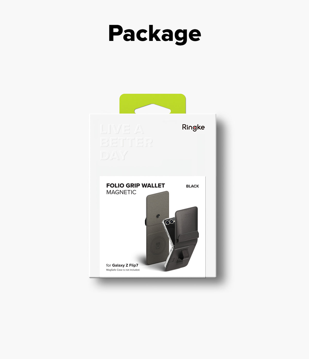Galaxy Z Flip 7 Cover | Folio Grip Wallet Magnetic - Retail packaging for a black magnetic folio grip wallet case for the Galaxy Z Flip 7.