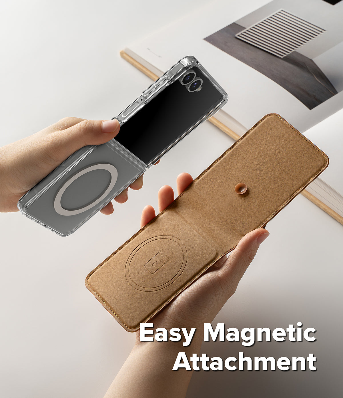 Galaxy Z Flip 7 Cover | Folio Grip Wallet Magnetic - Hands holding a clear phone case and a tan magnetic folio wallet ready to attach.